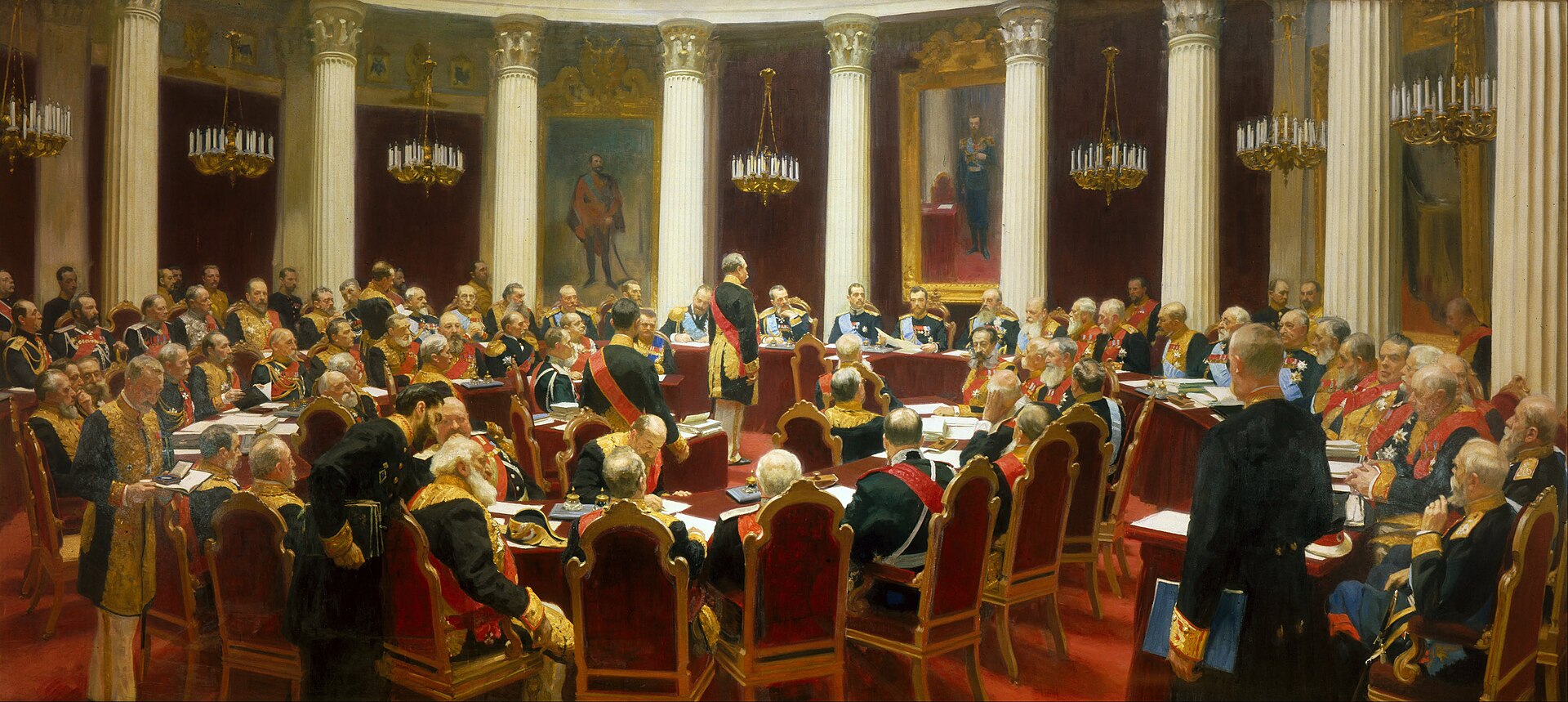 Imagem de referência de Sessão Cerimonial do Conselho de Estado em 7 de maio de 1901 comemorando o Centenário da sua Fundação, descrito nos dados abertos como pintura de Ilya Repin
