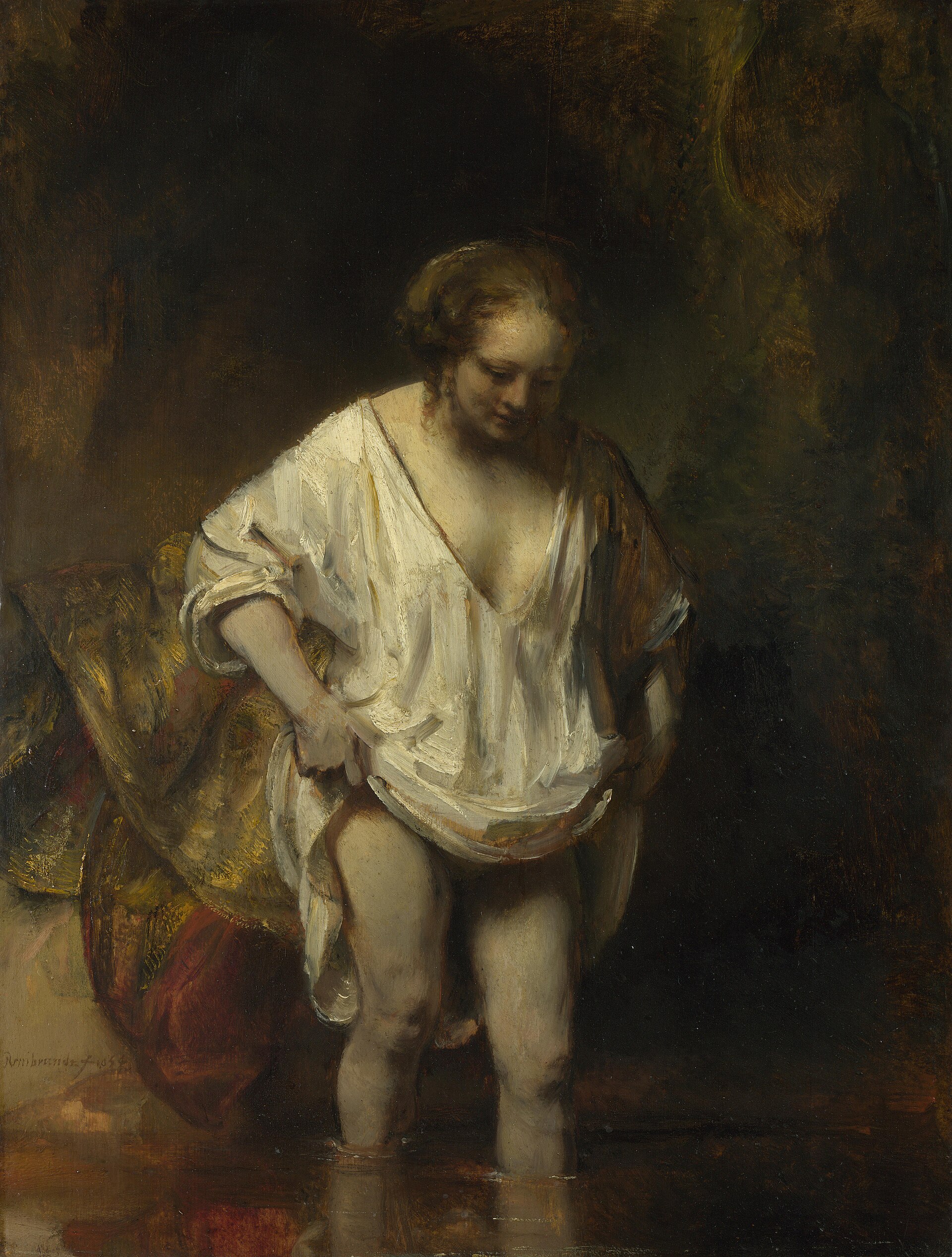 Imagem de referência de Mulher se Banhando em um Rio, descrito nos dados abertos como pintura de Rembrandt