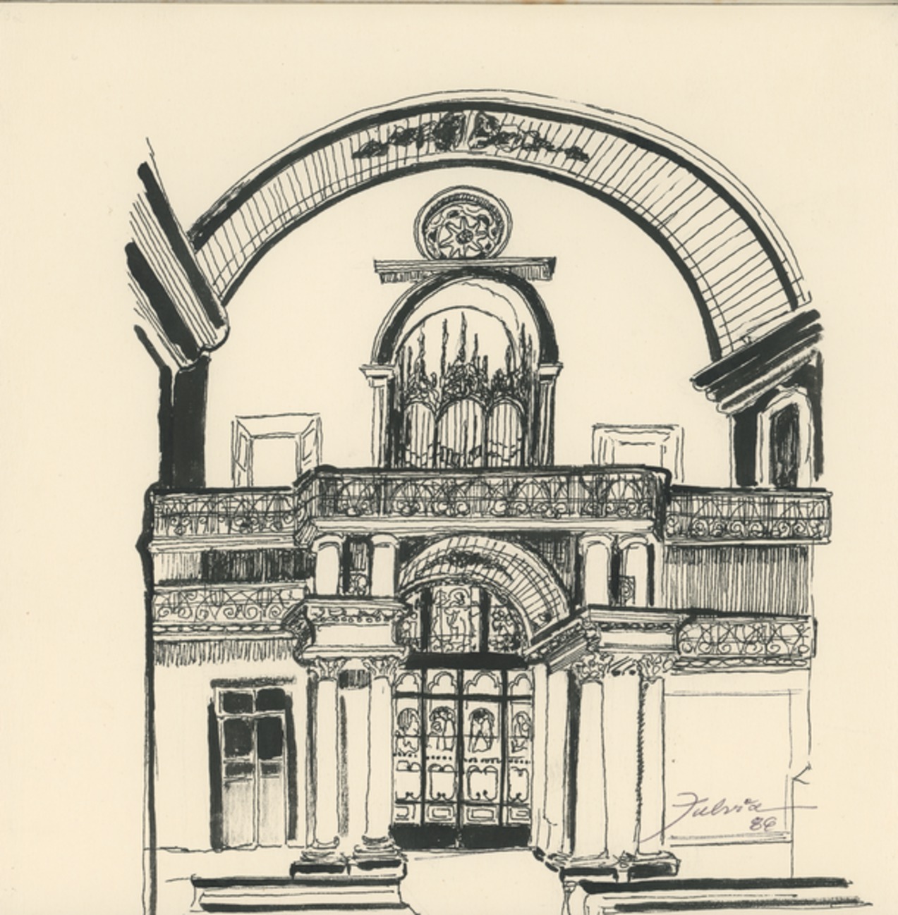 Imagem de referência de Vista do coro e porta principal da Catedral N. Senhora da Conceição, descrito nos dados abertos como desenho de Fúlvia Gonçalves (FG 45)