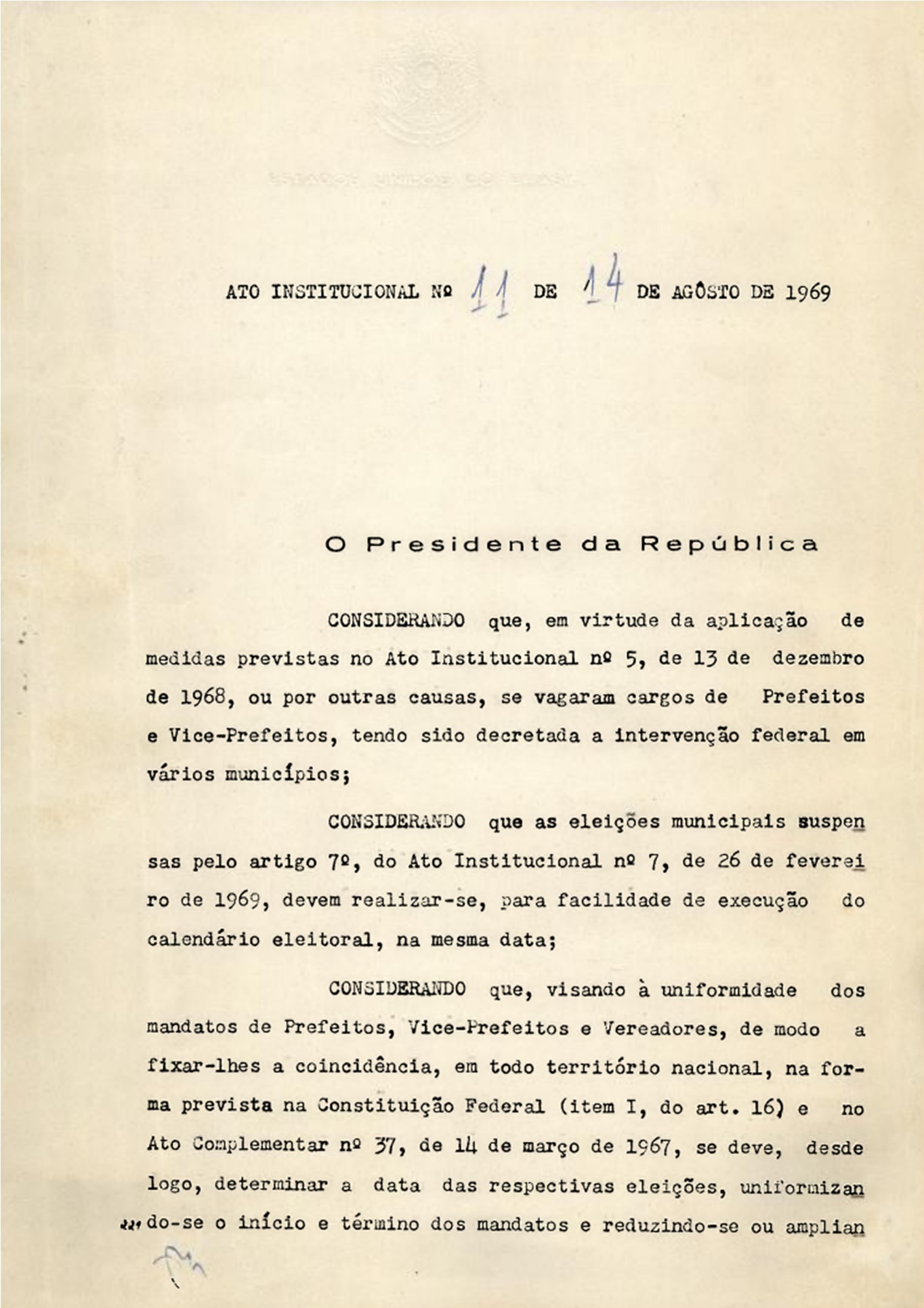 Imagem de referência de Ato Institucional Número Onze, descrito nos dados abertos como 11º decreto da ditadura militar brasileira emitido em 1969 para restringir direitos e manter o regime