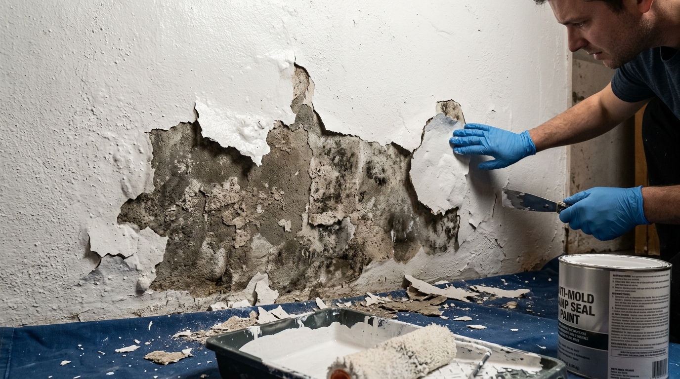 Pintor profissional que trabalha com restauração repete o alerta: aplicar massa corrida ou tinta antimofo sobre a parede úmida sem tratar a origem do vazamento apenas maquia o problema, e a umidade contínua vai estufar e descascar o reboco em poucos meses