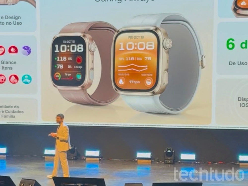 O Huawei Watch D3, também apresentado no evento, tem visual retangular e é voltado ao monitoramento da saúde — Foto: Lucas Loyo/TechTudo