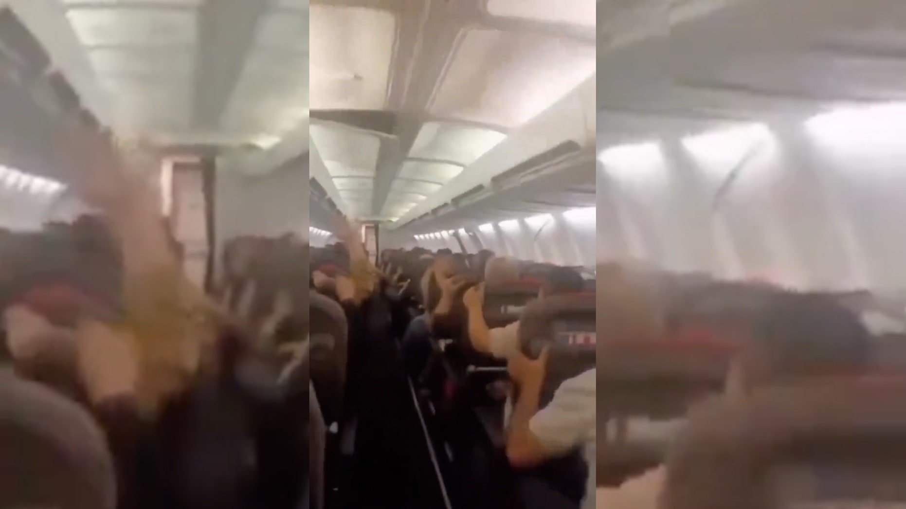 Em um vídeo aterrorizante de meio voo, passageiros de um avião gritam enquanto uma agitação violenta faz os painéis do teto da cabine voarem.