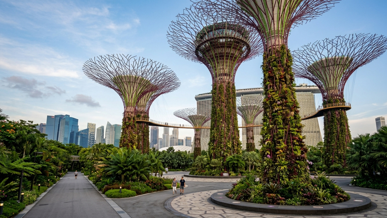 A cidade asiática onde árvores artificiais gigantes funcionam como jardins verticais, coletam água da chuva e ajudam a gerar energia solar