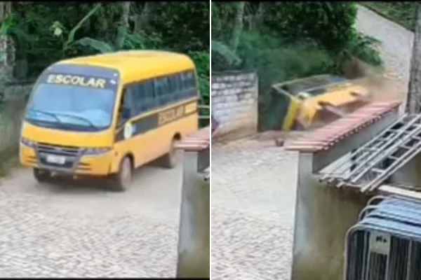 Ônibus escolar despenca de barranco e cai em rio em MG; motorista se feriu