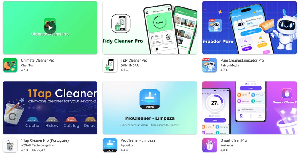 Apps do tipo Cleaner Pro reúnem scanner de armazenamento e gerenciador de aplicativos — Foto: Reprodução/Google Play Store