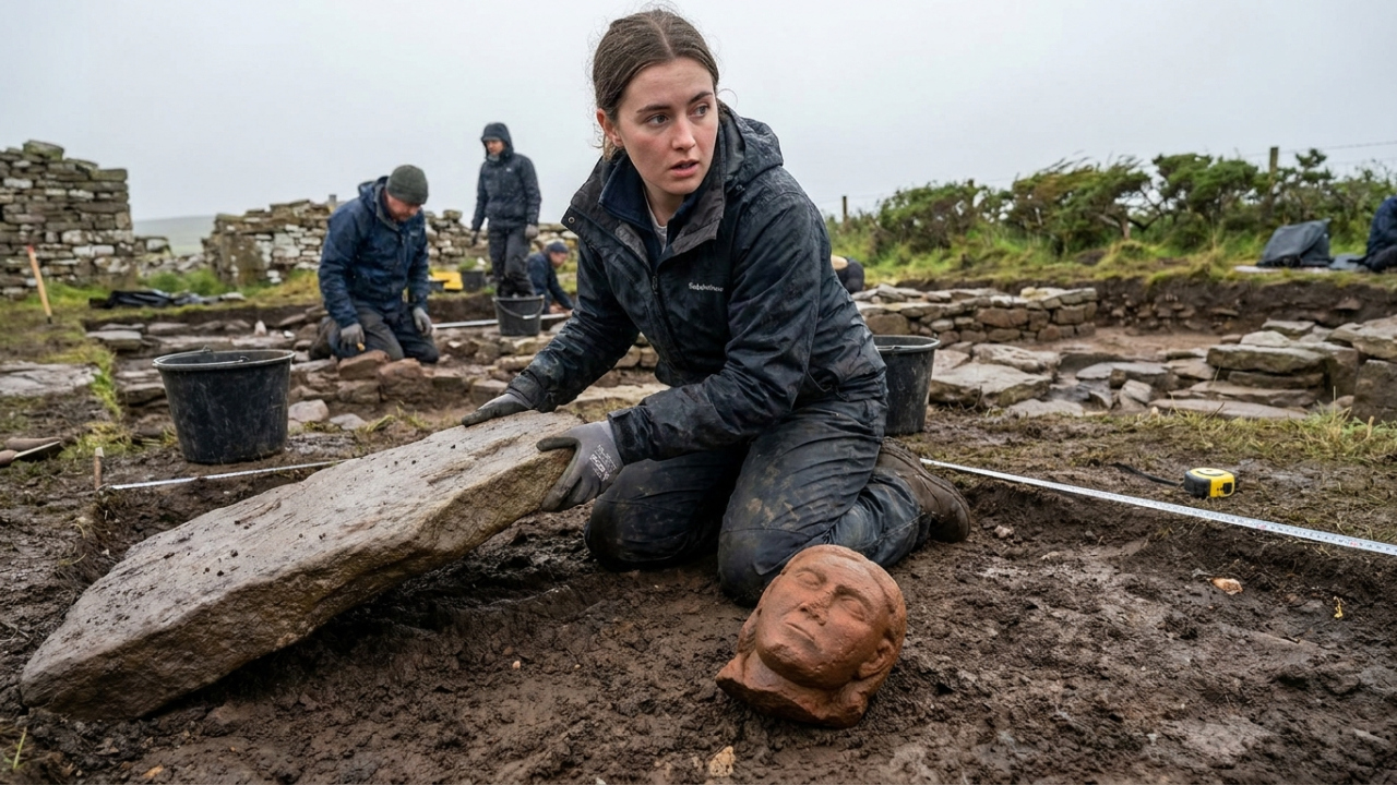 Uma estudante universitária retirava uma pedra numa antiga propriedade viking quando uma cabeça esculpida rolou debaixo da laje e ficou olhando para ela