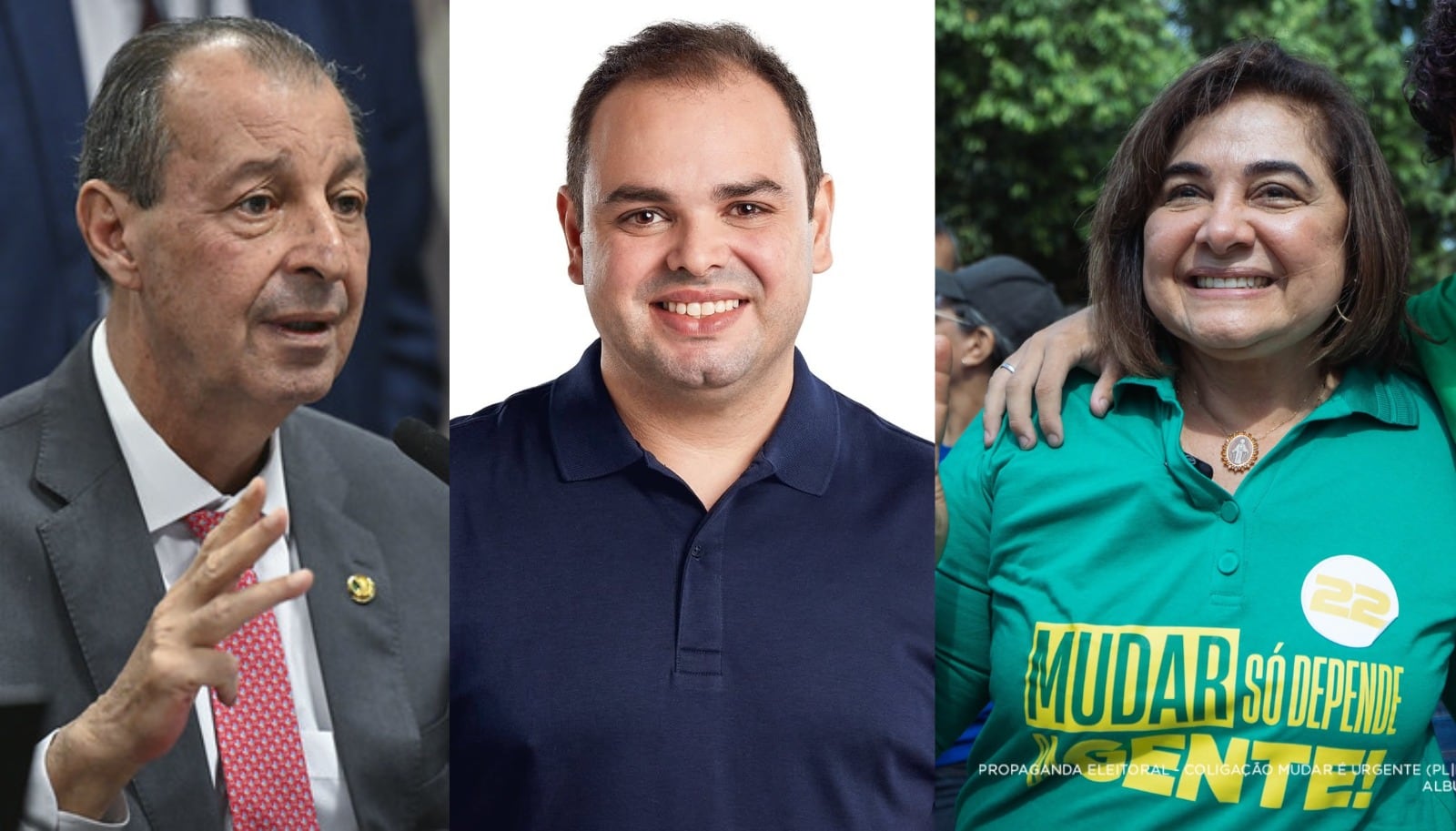 No Amazonas, Omar Aziz lidera com 36% no 1º turno; Roberto Cidade e Professora Maria do Carmo têm 24% Montagem R7: Ton Molina/Agência Senado; Reprodução/Facebook/@Roberto Cidade; Reprodução/Facebook/@Professora Maria do Carmo